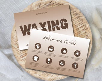 May include: Two tan cards with brown text and icons on a woven surface. The top card reads "WAXING aftercare card" and the bottom card says "Aftercare Guide" with icons and instructions about post-waxing care.