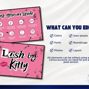 Pu&ograve; includere: Due cartelli rosa e neri. Uno &egrave; una guida per la cura delle ciglia con icone e testo. L'altro dice "Lash by Kitty" con una grafica a labbra. Il testo "Cosa puoi modificare?" viene visualizzato con i segni di spunta.