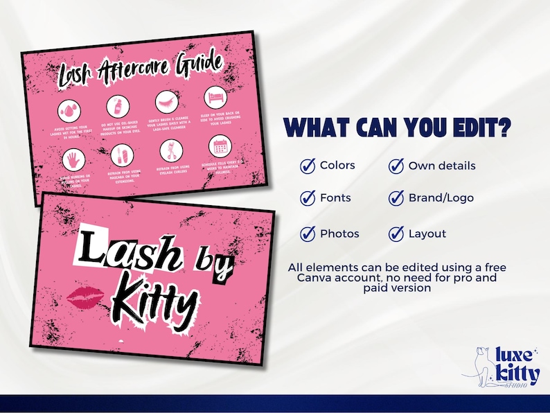 Pu&ograve; includere: Due cartelli rosa e neri. Uno &egrave; una guida per la cura delle ciglia con icone e testo. L'altro dice "Lash by Kitty" con una grafica a labbra. Il testo "Cosa puoi modificare?" viene visualizzato con i segni di spunta.