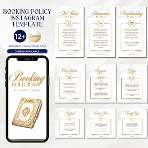 Könnte beinhalten: Instagram-Vorlage für Buchungsrichtlinien. Das Design zeigt ein Smartphone mit goldfarbenem Schriftzug "Booking Policies" und ein dekoratives Buch. Weitere Karten erläutern Richtlinien wie Nichterscheinen, Vorbereitung und Umbuchung.