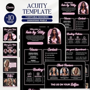 May include: Acuity template with 7 editable banners, 2000x1000 pixels. The design features a black background with pink accents, showcasing a hair salon's branding. Includes a phone and tablet display with the text "hair by Kitty", hours, contact info, and client reviews.