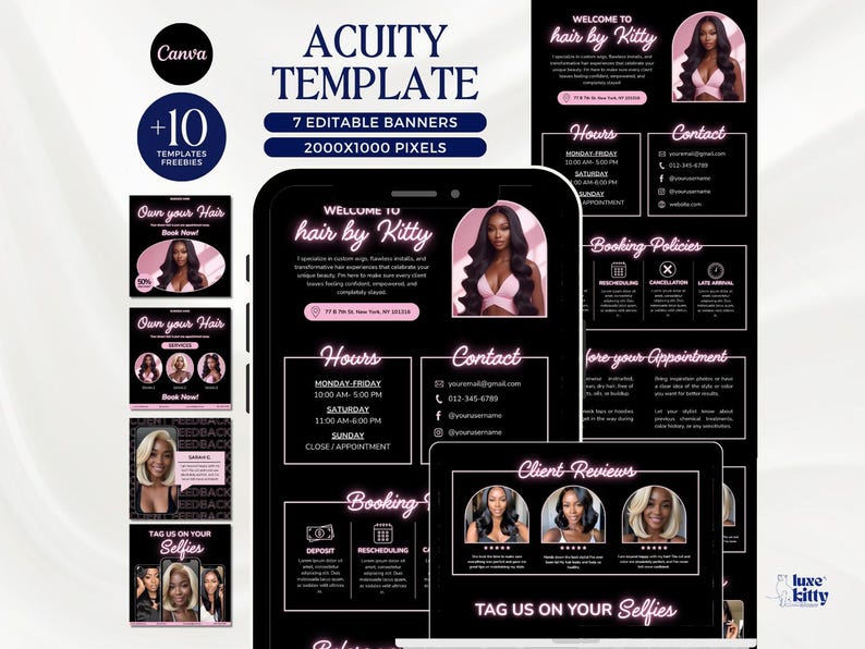 May include: Acuity template with 7 editable banners, 2000x1000 pixels. The design features a black background with pink accents, showcasing a hair salon's branding. Includes a phone and tablet display with the text "hair by Kitty", hours, contact info, and client reviews.