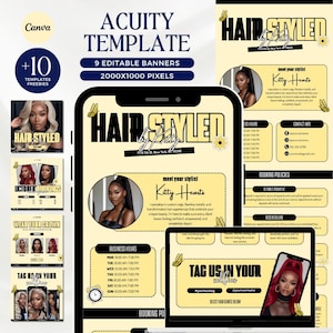 May include: A digital marketing template for a hair stylist, featuring a phone, laptop, and banner designs. The template includes the text "Hair Styled by Kitty Hearts" and "Tag us in your selfie". The color scheme is black and yellow.