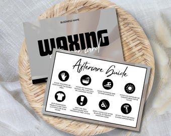 May include: Two cards with text on a woven background. The top card reads "WAXING" in bold black letters. The bottom card is a white "Aftercare Guide" with black icons and text, including instructions for post-waxing care.