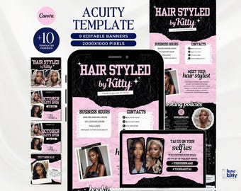 May include: A digital template set for hair stylists, featuring a pink and black design. The template includes editable banners, business hours, contact information, and promotional graphics for social media. The text reads "Hair Styled by Kitty."