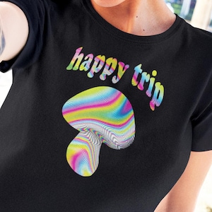 Happy Trip Mushroom T-Shirt | Psychedelic Festival Rave Tee | Trippy EDM Unisex Top