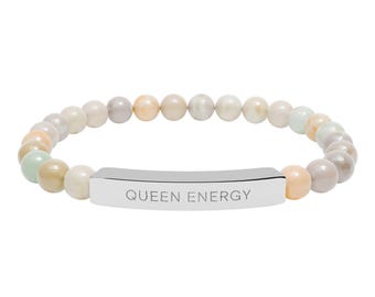 Engraved Natural Stone Bar Bracelet | Stretch Beaded Bracelet