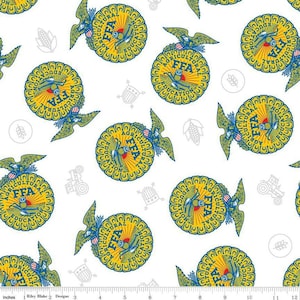 May include: White fabric with a repeating pattern of yellow and blue FFA emblems, each featuring an eagle and the words "FFA Agricultural Education." The design includes additional agricultural-themed icons.