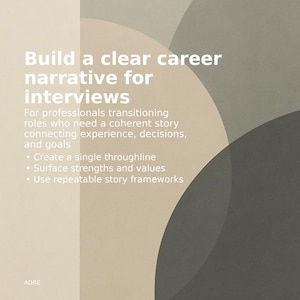 Könnte beinhalten: Grafik mit dem Text "Bauen Sie eine klare Karriereerzählung für Vorstellungsgespräche" in Weiß vor einem Hintergrund aus sich überlappenden beigen und grauen Kreisen. Der Text unten beschreibt die Vorteile einer klaren Erzählung.