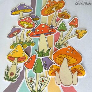 Naklejki Retro Mushroom 8 Pack, Naklejki w stylu vintage, Groovy Toadstool Decal, Naklejki inspirowane hipisami, Unikalny zestaw naklejek Funky Mushroom
