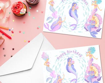 Mermaid Birthday Printable Card, Cute Digital Download Birthday Card, Mermaid Party Card, Cute Ocean Theme, Instant Printable Download