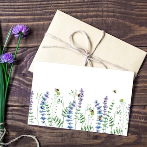 Cartão de felicitações com flores de lavanda e abelhas, cartão para impressão para qualquer ocasião, download digital, abelhas florais, cartão de felicitações com tema de natureza, cartão de primavera