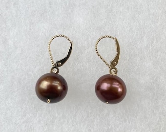 14k Gold Burgundy Maroon 10mm Pearl Drop Earrings