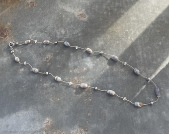 Blue Moss Agate and Gray Pearl Necklace