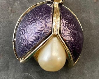 Vintage Guilloche Enamel Purple Insect Bug Brooch