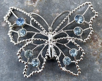 Vintage silver tone airy Butterfly Brooch w/ blue rhinestones