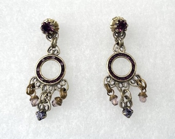 Vintage style bronze tone purple stones Chandelier Earrings