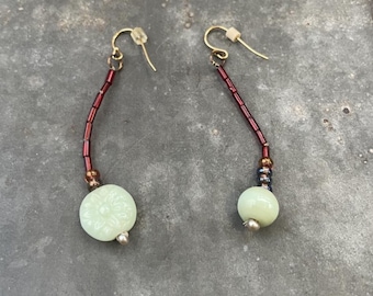 Artisan blue/green and red beaded gold tone Drop Earrings with flower etching