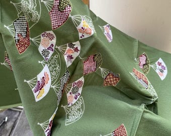 Japanese Green Hayashi Kimono Scarf w/ multicolor Fan Design