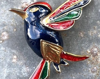Vintage gold tone multicolor Bird brooch