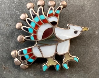 Broche y colgante de águila de plata esterlina de Charlene Dishta firmados por Zuni con abulón y turquesa