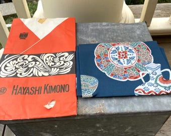 Japanese Hayashi Kimono Blue Scarf w/ plate, bowl design