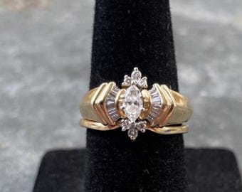 14k Gold and Diamonds early-mid '90s Bridal Two-Ring Puzzle Stack Set, Size 3.5-4