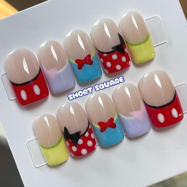 Custom Disney press ons, character nails, Disney inspired nails, colorful pastel press on nails, French tip bow nails, vacation nail set image 6