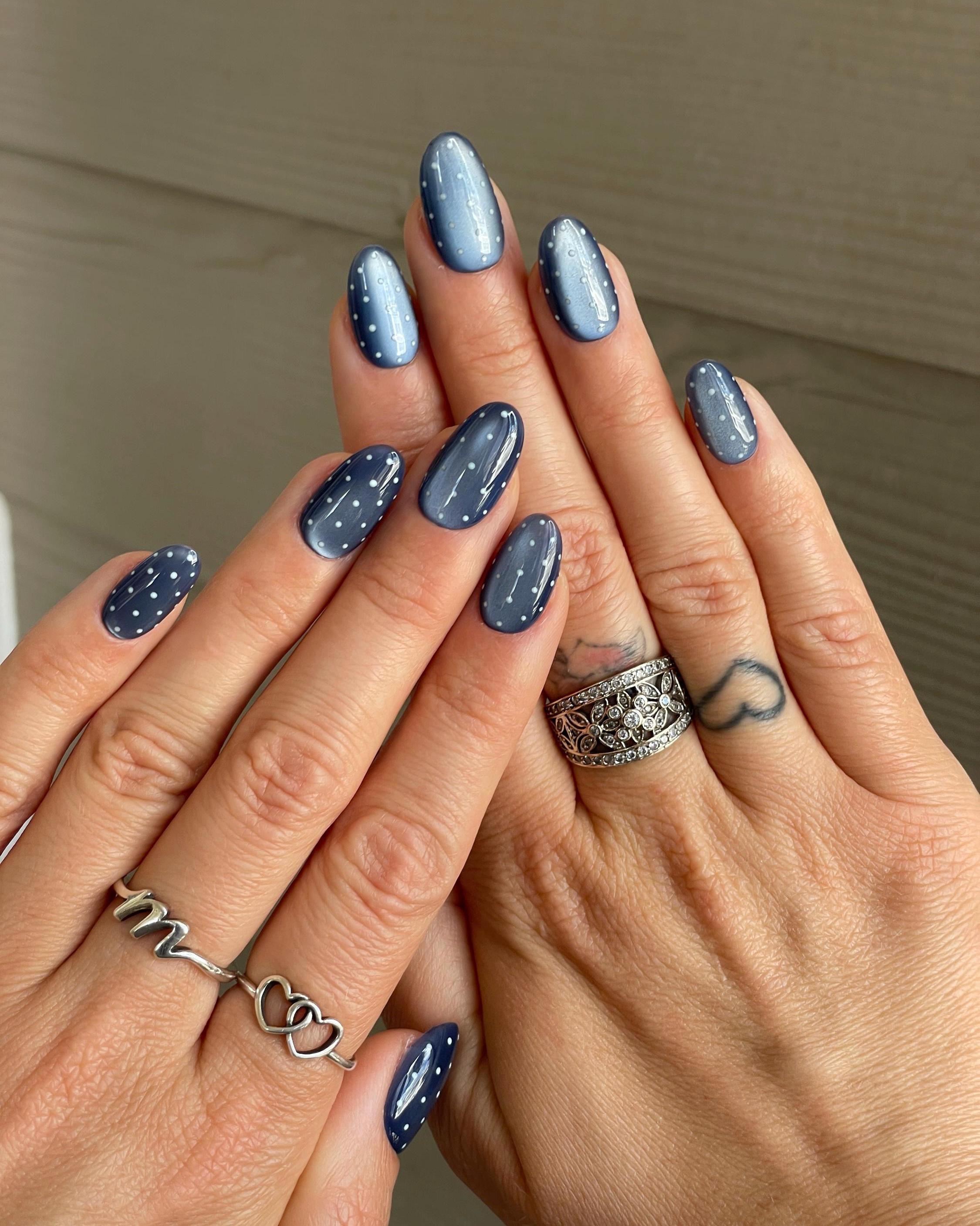 Polkadot Press on Nails, Baby Blue Cat Eye Nails, Sparkly Indigo Short Round Manicure, Simple Nail Art, Whale Shark Nails