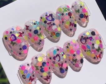 Handmade Press On Nails: Luxury, Almond Round Short, Handpainted Custom, Gel, Confetti Party Nails, Reusable Birthday Nail Set, y2k Sparkle
