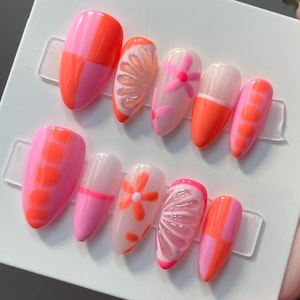 Custom Orange and Pink Press on Nails, Gel Nails, y2k nails, citrus nails, hand painted Paloma press ons, flowers, girly pink summer nails