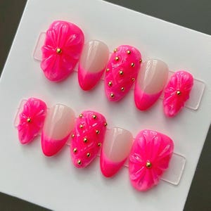 Bright pink summer nails, custom made press ons, 3D nails, hand painted aura nails, strawberry glue on nails, ombre french tip press ons