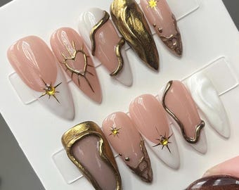 White Gold Chrome French Tip Press on Nails, 3D Gel Reusable Custom Nails
