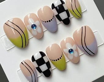Handmade Press on Nails: Luxury, Almond Round Short, Handpainted Custom Gel Nail Set, Preppy Checkered Y2K Nails