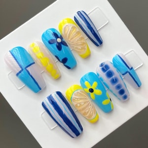 Custom Blue & Yellow Press on Nails, Gel Nails, 3D lemon nails, hand painted sicilian lemon press ons, spring nails, summer vacation nails