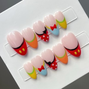 Custom Disney press ons, character nails, Disney inspired nails, bright colorful press on nails, French tip reusable nails, themed press ons