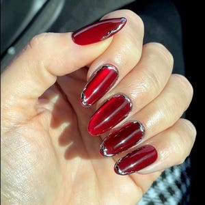 Custom Press on Nails: Handmade Ruby Red Cat Eye Nails with Silver Chrome accents, Reusable Y2K Inspired Gel Nail Set