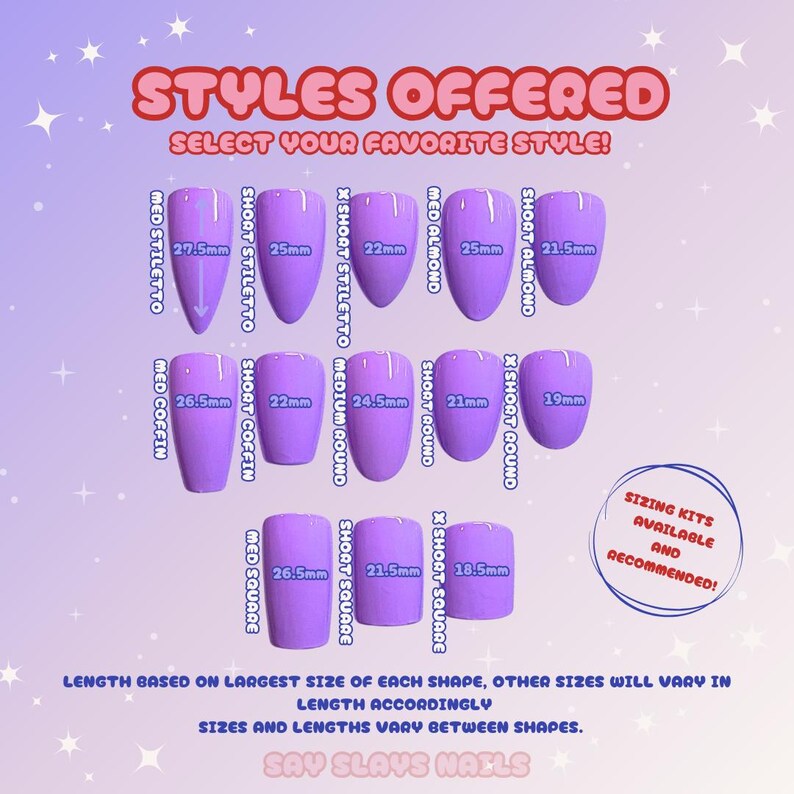 May include: A chart titled STYLES OFFERED showing various purple press-on nail shapes with labeled lengths in millimeters. Shapes include stiletto, almond, coffin, round, and square in medium, short, and extra short lengths with specific measurements.
