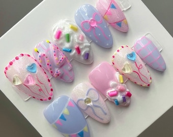 Handmade Press On Nails: Customizable Birthday Candle Nails, Cake Frosting and Sprinkle Nail Set, Luxury Gel Glue on Nails
