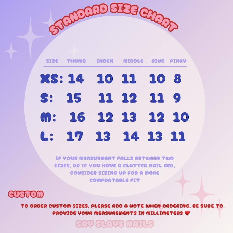 May include: A standard size chart for press-on nails with a light purple background and white circular center. The chart lists sizes XS, S, M, and L with corresponding measurements in millimeters for thumb, index, middle, ring, and pinky fingers.