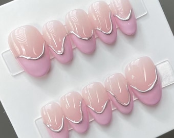 Handmade Press On Nails: Luxury Almond Round Short, Hand Painted Gel, Custom Baby Pink Wavy French Tip Nail Set, Reusable