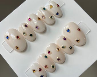 Nails Press on Nails with Rhinestone Party Nails Sparkly Colorful Presson Nails Reusable Birthday Nails Glue On