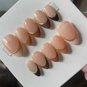 Brown and Gold Chrome french tip press on Nails | Gel Nails | faux acrylic nails | trendy nails | reusable press on nails | custom press ons