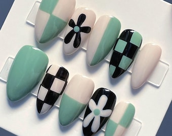 Custom Press on Nails: Green Black and Cream Checkered Flower Gel Nail Set, Reusable Glue on Nails