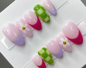 Handmade Press On Nails: Luxury, Almond Round Short, Handpainted Gel, Custom, Salon Quality Reusable Spring and Summer Nail Set