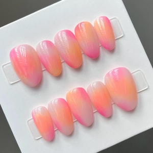 Custom Orange and Pink Press on Nails, Gel Nails, aura nails, hand painted watercolor ombre press ons, girly pink orange summer nails
