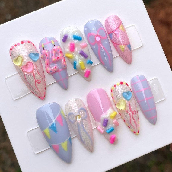 Press on Nails Birthday Cake Nails Almond Short Glue on Nails for Party Nails Pink Birthday Nails Customizable Gel Press on Nails