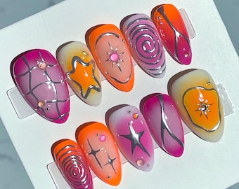 Pink and Orange Y2K Nails, Silver Chrome Star  Press on Nails, Neon Glue on Nails for Summer