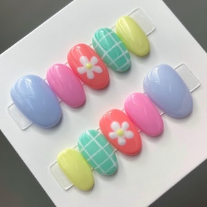 Pastel Candy Press On Nails: Hand-Painted Flower & Gingham Gel Nails