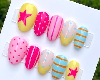Handmade Press on Nails: Almond Round Short, Hand Painted Gel, Custom Reusable Summer Nail Set, Pink Yellow Orange Blue Whimsical Nails